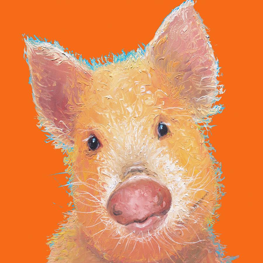 Pig painting on orange background Painting by Jan Matson