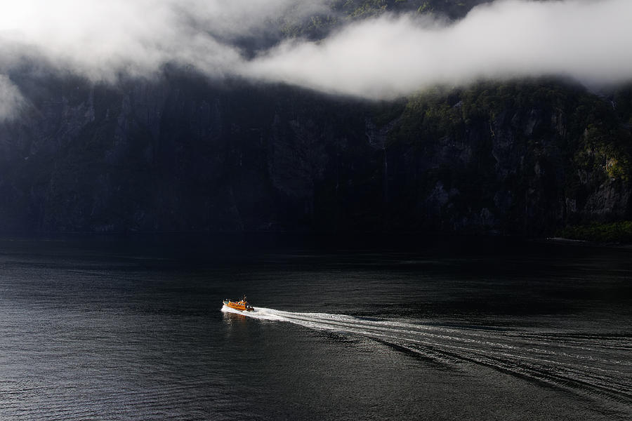 Orange -- Pilot Boat in Milford Sound, New Zealand Photograph by Darin Volpe