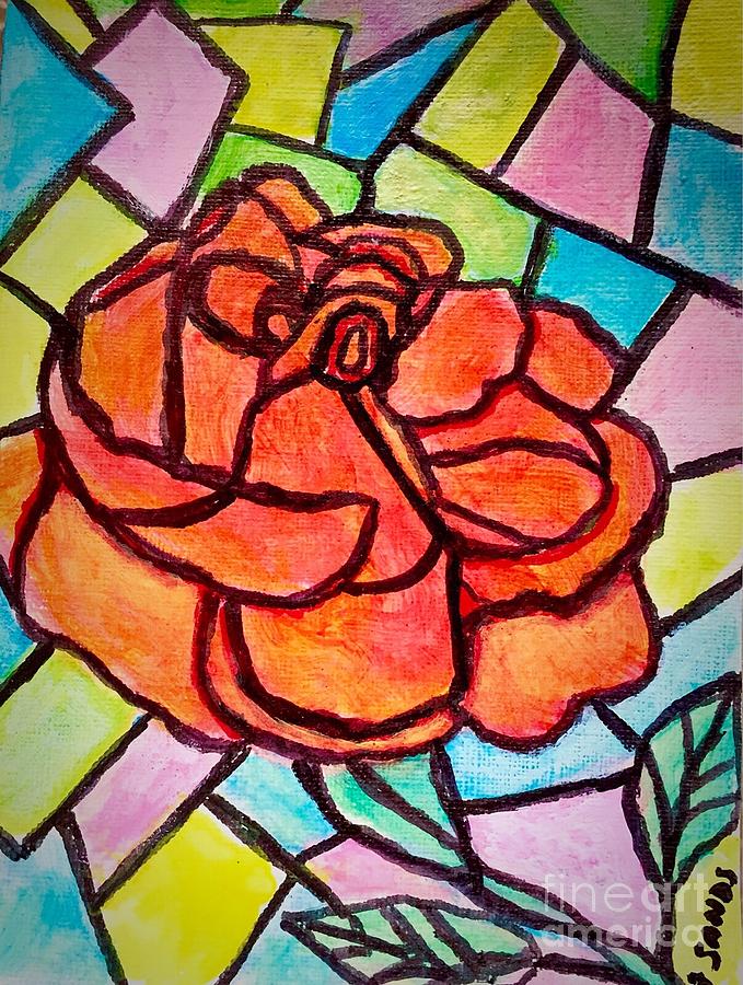Orange Rose stained Glass Effect Painting by Anne Sands