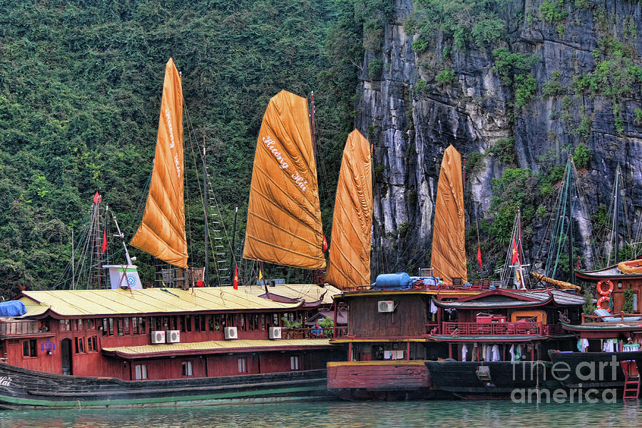 Orange Sails Boats Dock Ha Long Bay Vietnam  Photograph by Chuck Kuhn