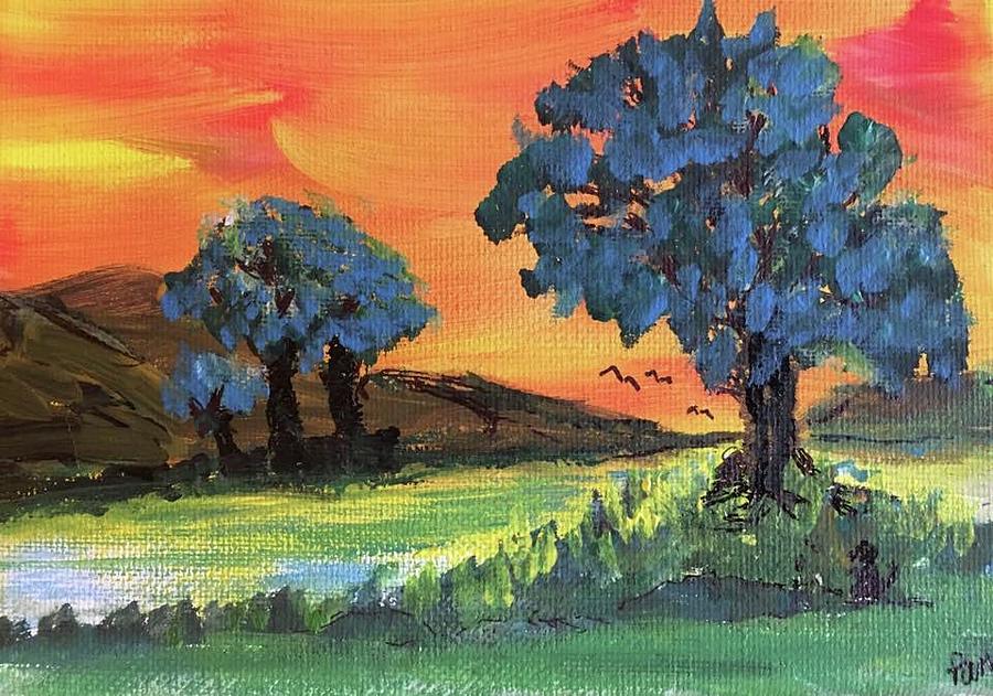 Orange sky, blue trees Painting by Pamela Vilinsky