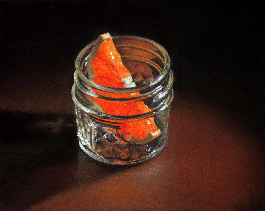 Still Life Pastel - Orange Slice in a Glass Jar by Rebecca Giles