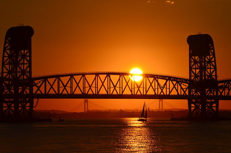 Orange Sunset Brooklyn Bridges Sailboat Photograph by Maureen E Ritter