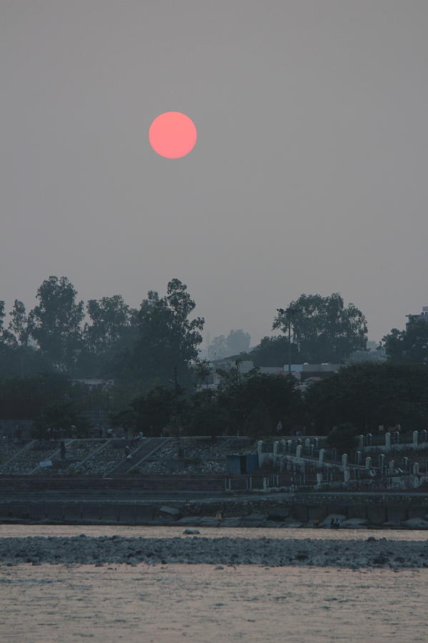 Orange Sunset Over Grey and Hazy Ganga, Rishikesh Photograph by Jennifer Mazzucco