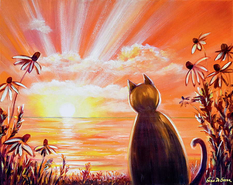 Orange Sunset with a Cat Painting by Gina De Gorna
