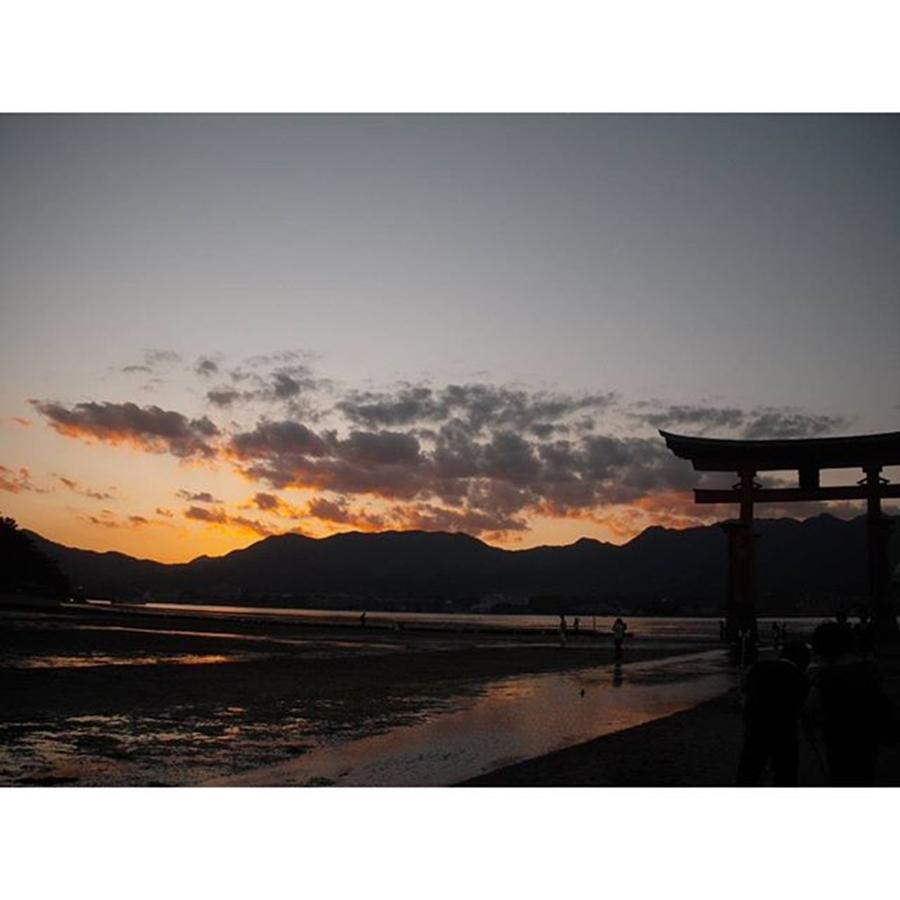 Nature Photograph - Orange Sunset With A Shrine by Emi Kanno
