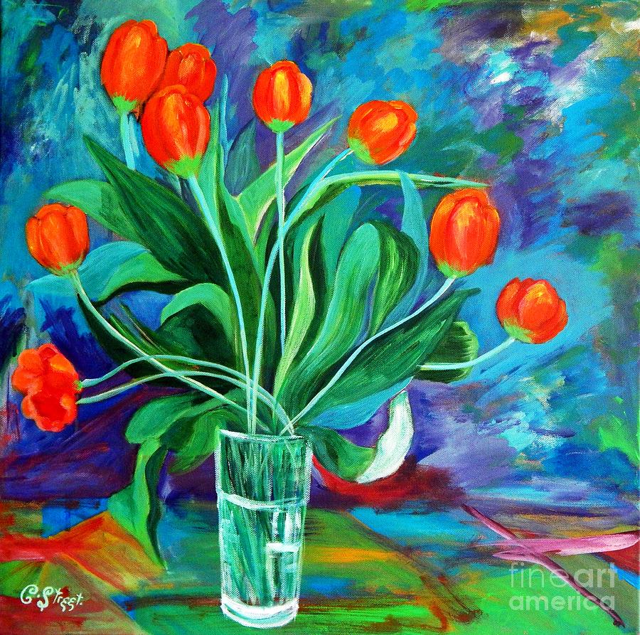 Tulip Painting - Orange Tulips in Recess by Caroline Street