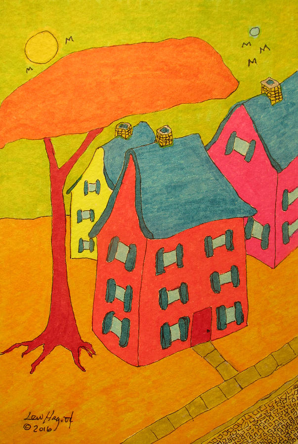 Orange Umbrella Tree And Three Homes Painting by Lew Hagood