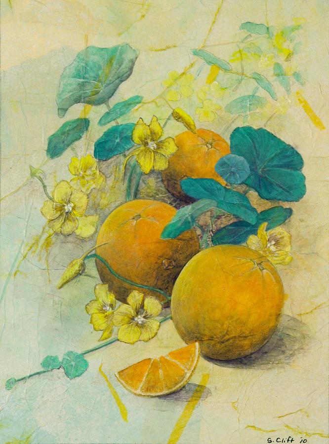 Oranges and Nasturtiums Painting by Sandy Clift