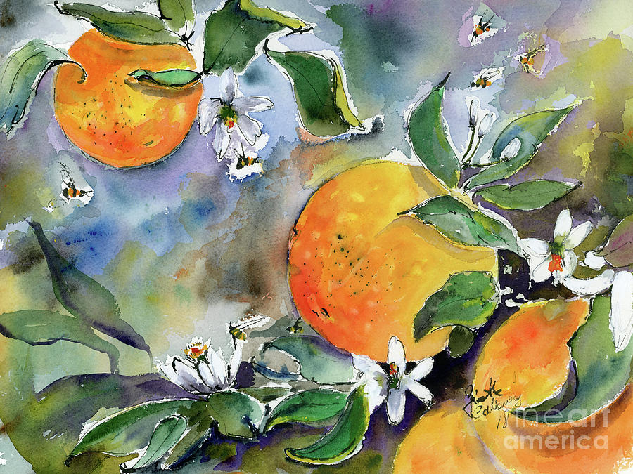 Oranges Blossoms and Bees Watercolor Painting by Ginette Callaway