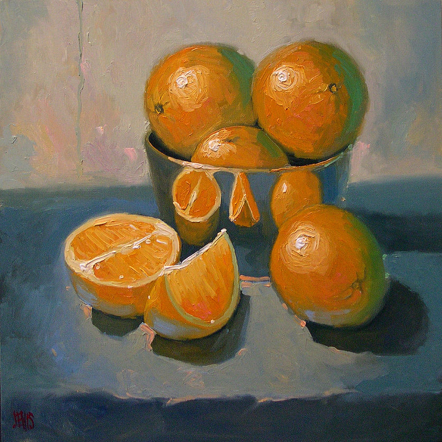 Still Life Painting - Oranges on a Blue Cloth by Robert Lewis