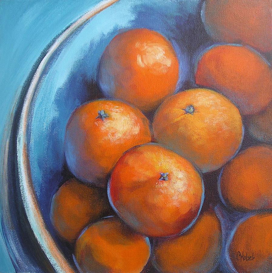 Oranges On Blue Acrylic Original Painting Painting by Chris Hobel