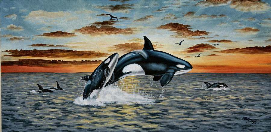 Oceans Painting - Orca Sunset by Mary Singer