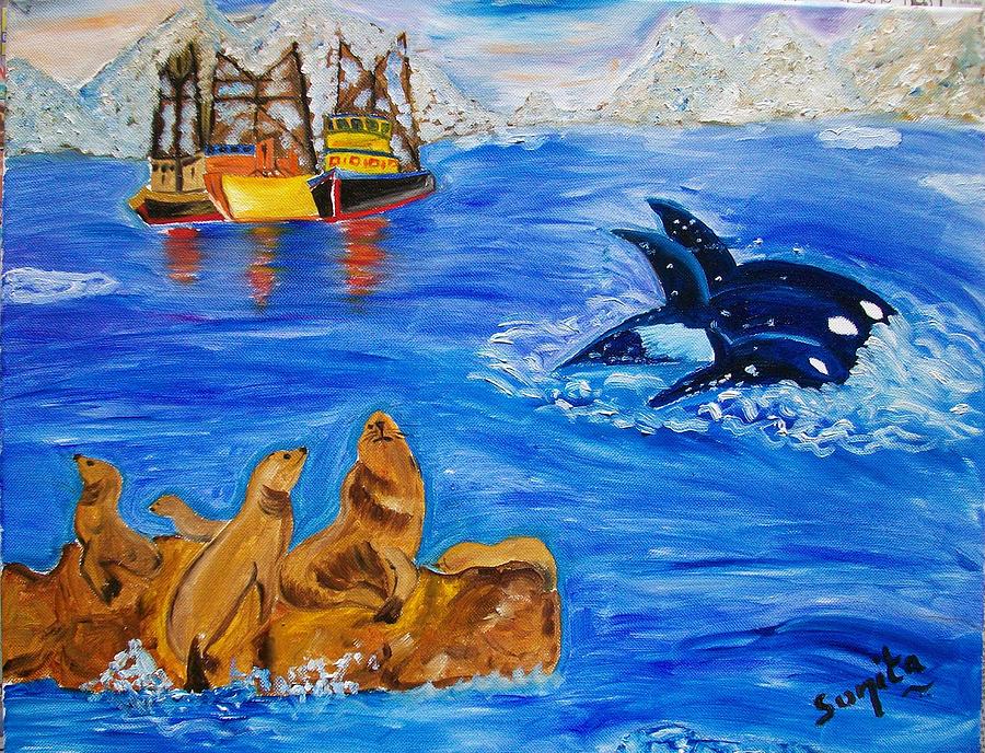 Orcas And Stellar Sea Lions Painting by Sunita Rathore Tanwar - Fine ...