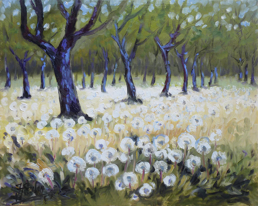 Orchard with dandelions Painting by Irek Szelag