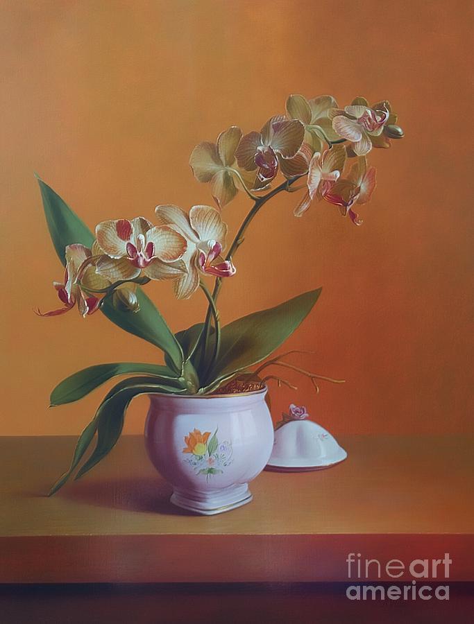 Orchid Painting - Orchids in porcelain vase by Aniko Vida