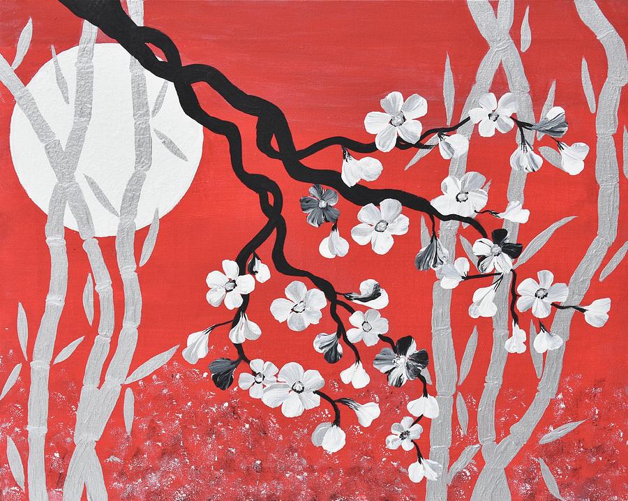 Oriental Art Cherry Blossom Art Red Zen Art Bamboo Painting Cherry Blossoms Painting Painting by Geanna Georgescu
