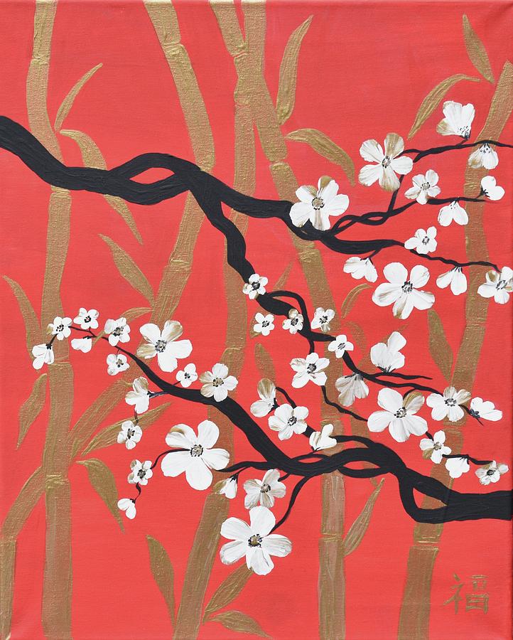 Oriental Art Cherry Blossoms Painting Zen Bamboo Art  Modern Flower Canvas Painting by Geanna Georgescu