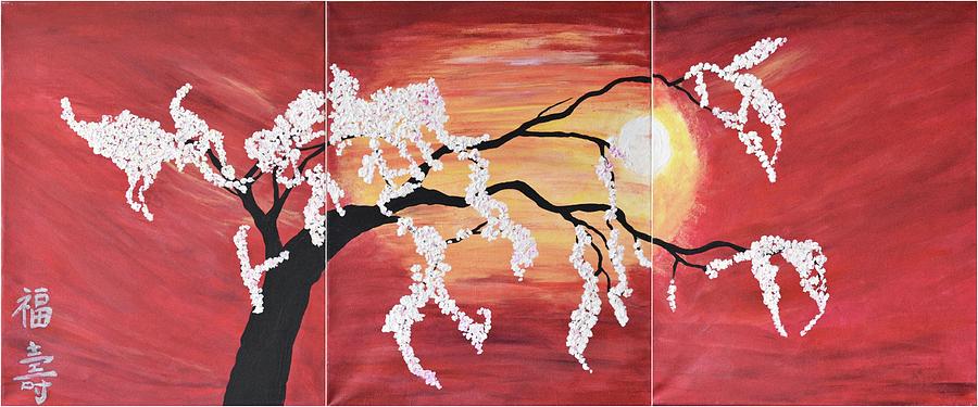 Oriental Art  Cherry Blossoms wall Art -Red Sunset -Modern Flower Tree 3 Panel Set Painting by Geanna Georgescu