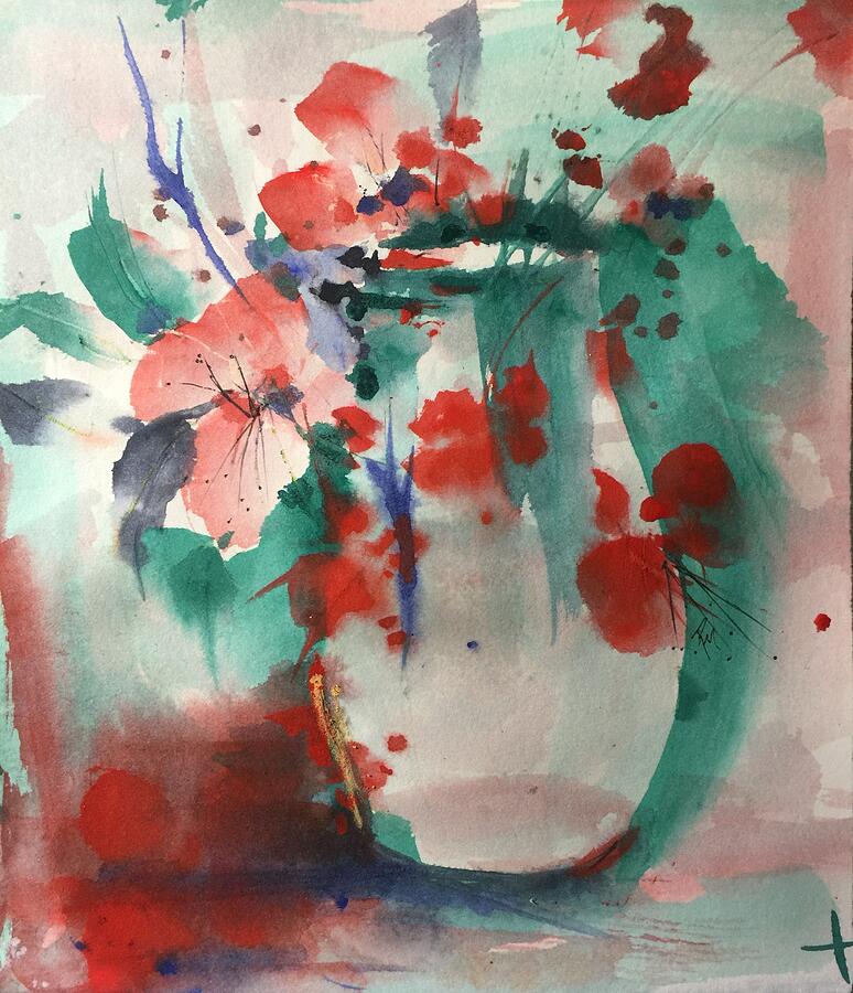 Oriental Brush Flowers and Vase Painting by Robin Miller-Bookhout