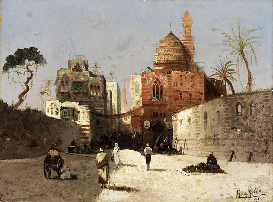 Oriental street scene with mosque minaret and merchants on a forecourt Painting by Wilhelm Sohn