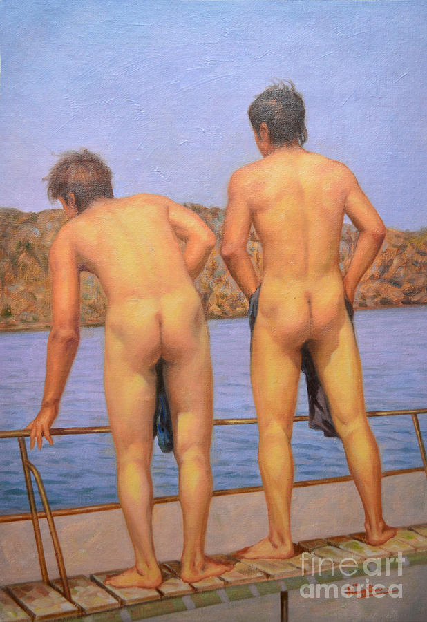 Original oil painting art male nude gay interest boy man on linen#16-2-5-12 Painting by Hongtao Huang