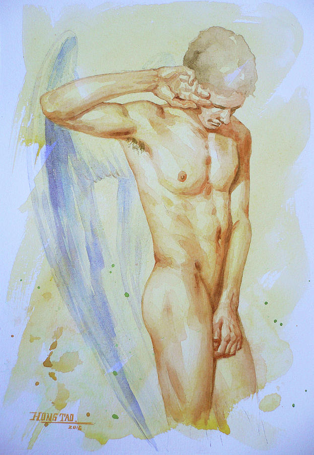 Original Art Angel Of Male Nude On Paper #16-5-3-02 Painting by Hongtao Huang