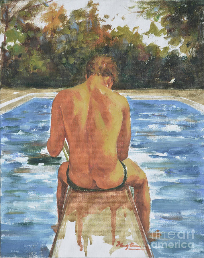Original Art Oil Painting Male Nude Man By The Pool On Canvas Panle#16-1-25-06 Painting by Hongtao Huang