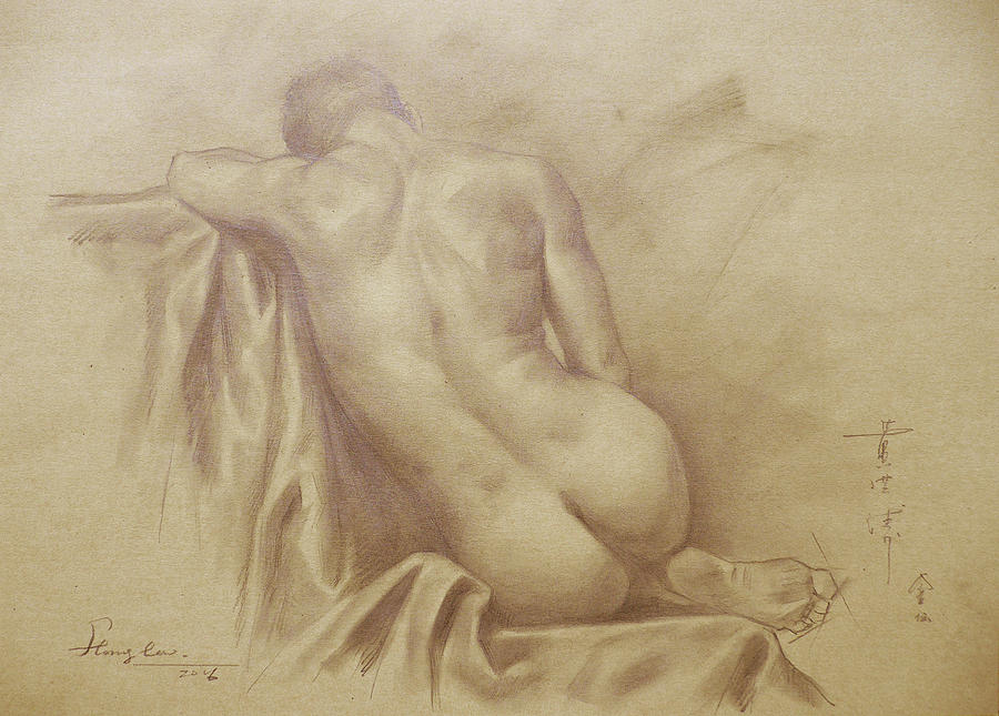 Original Artwork Drawing Male Nude Boy On Paper#16-6-16-05 Drawing by Hongtao Huang