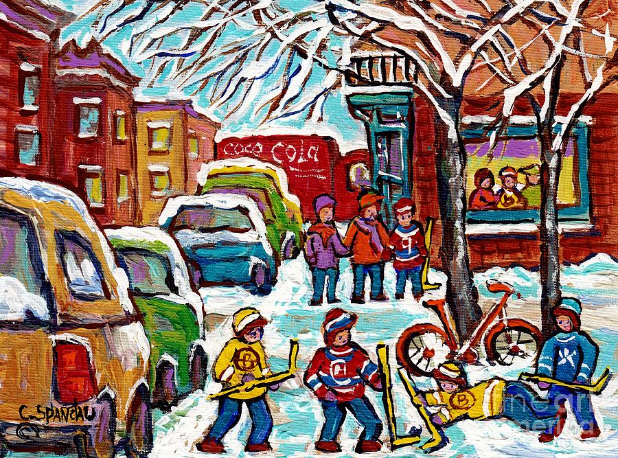 Original Artwork For Sale Wilensky Diner Hockey Game Montreal Winter City Scene C Spandau Painting Painting by Carole Spandau