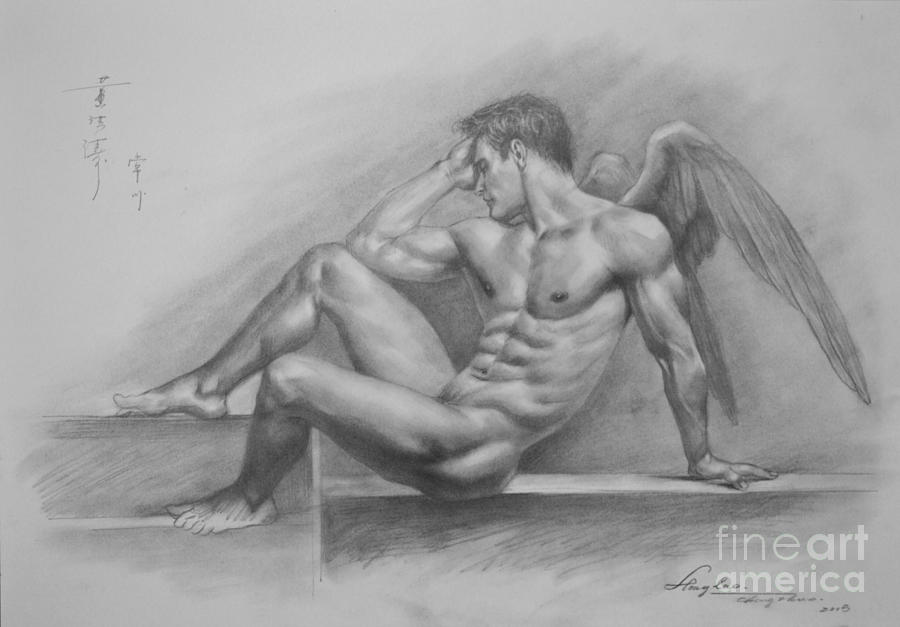 Original Charcoal Drawing Art Angel Of Male Nude On Paper #16-3-11-18 Painting by Hongtao Huang