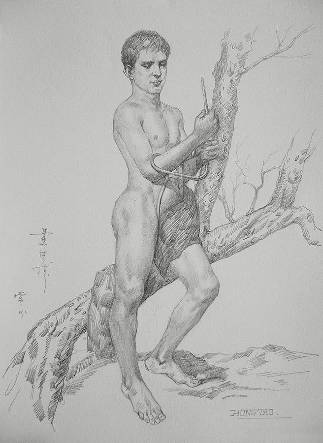 Original Charcoal Drawing Art Boy  By The Tree On Paper #16-3-11-36 Drawing by Hongtao Huang