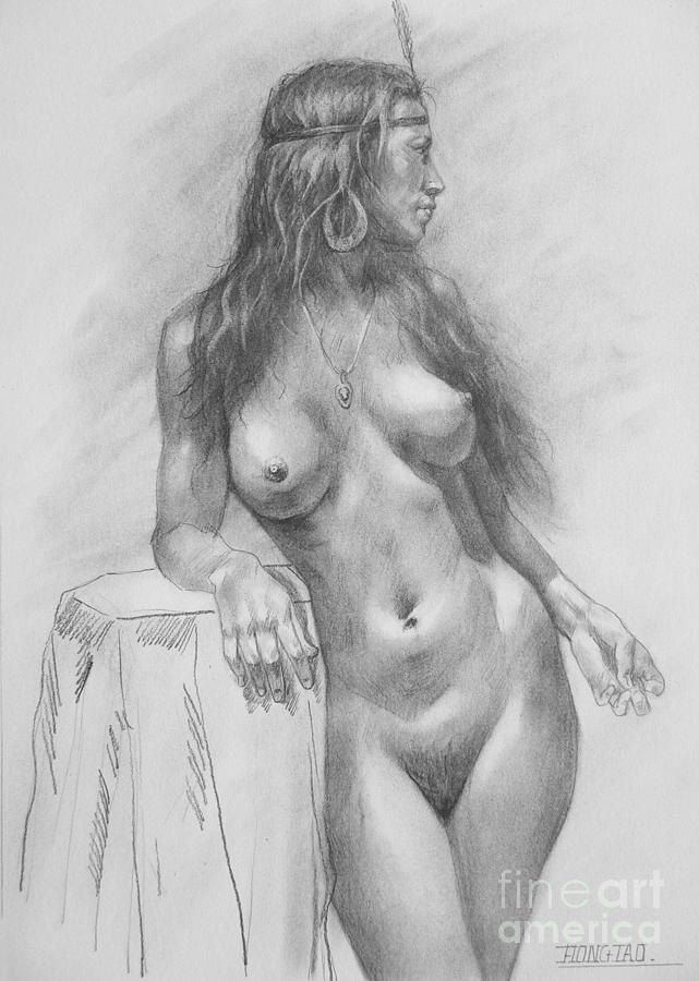 Charcoal Pencil Drawing Of Nude Woman, Lying On Side, Back Print Drawing By Whiskey