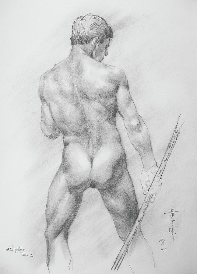 Original Charcoal Drawing Art Male Nude  Boy On Paper #16-3-10-10 Drawing by Hongtao Huang