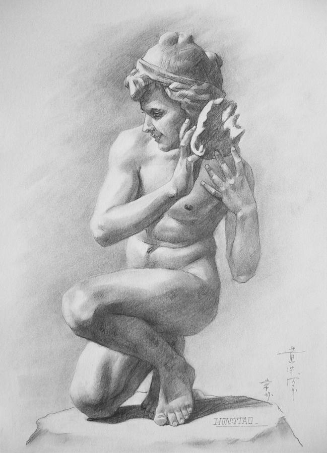 Original Charcoal Drawing Art Male Nude Boy On Paper #16-3-11-26 Drawing by Hongtao Huang
