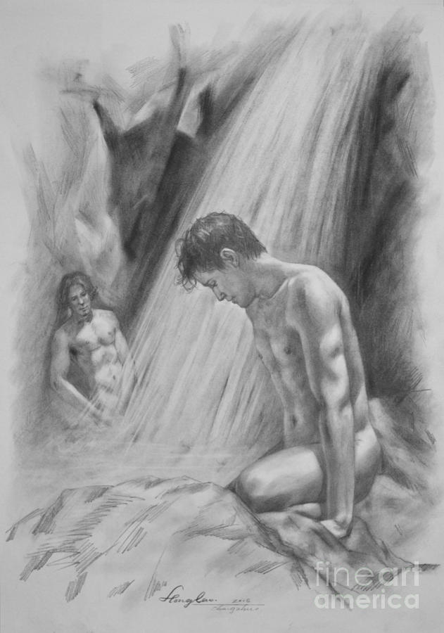 Original Charcoal Drawing Art Male Nude By Twaterfall On Paper #16-3-11-16 Drawing by Hongtao Huang
