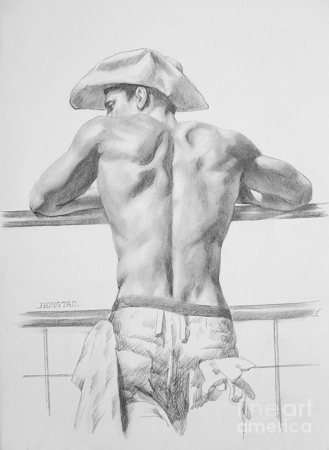 Original Charcoal Drawing Art Male Nude Cowboy On Paper #16-3-11-24 Drawing by Hongtao Huang