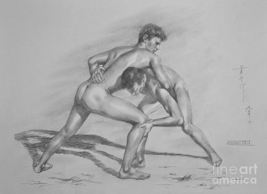 Original Charcoal Drawing Art Male Nude Gay Men On Paper #16-3-18-17 Drawing by Hongtao Huang