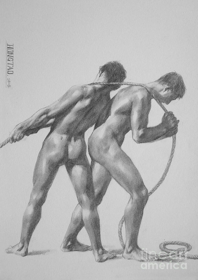 Original Charcoal Drawing Art Male Nude Gay On Paper #16-3-18-06 Drawing by Hongtao Huang