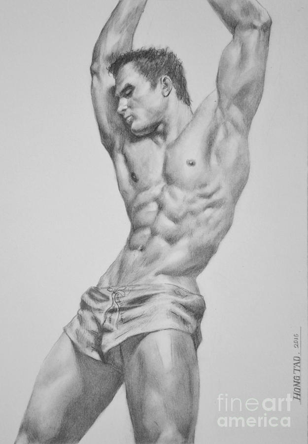 Original Charcoal Drawing Art Male Nude Man On Paper #16-3-11-40 Drawing by Hongtao Huang