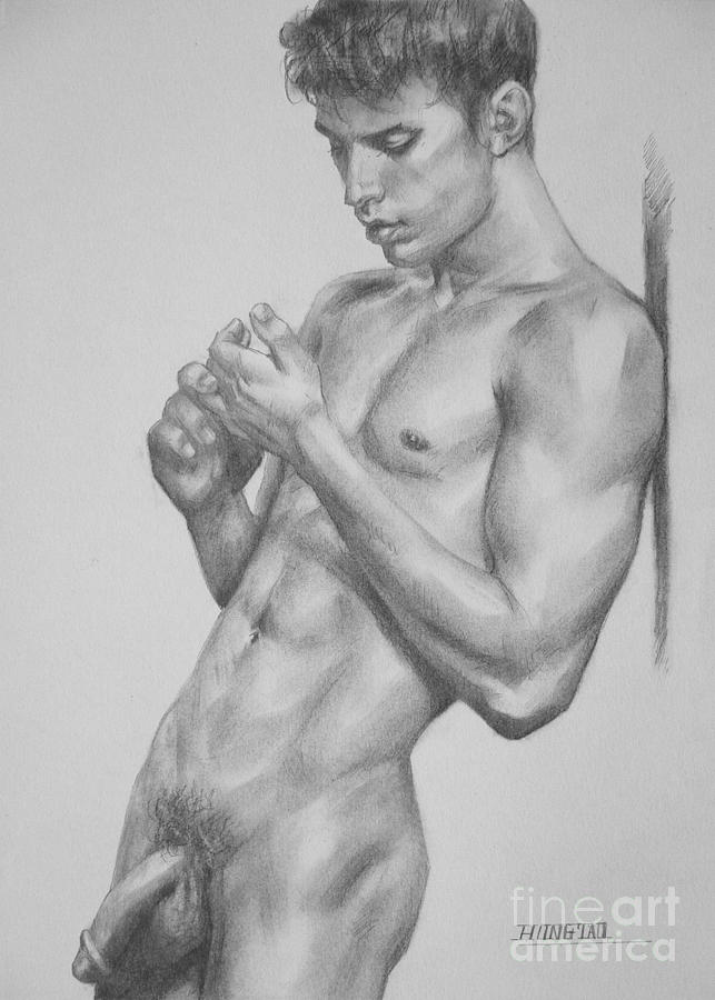 Original Charcoal Drawing Art Male Nude Man On Paper #16-3-18-05 Painting by Hongtao Huang