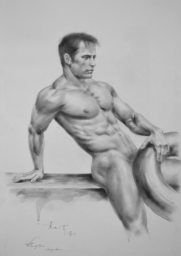 Original Charcoal Drawing Art Male Nude Man On Paper #16-3-18-09 Drawing by Hongtao Huang