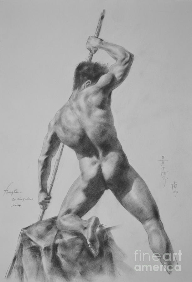 Original Charcoal Drawing Art Male Nude Man On Paper #16-3-18-13 Drawing by Hongtao Huang