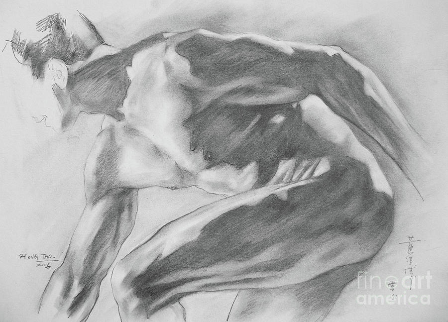 Original Charcoal Drawing Art Male Nude  On Paper #16-3-10-11 Drawing by Hongtao Huang