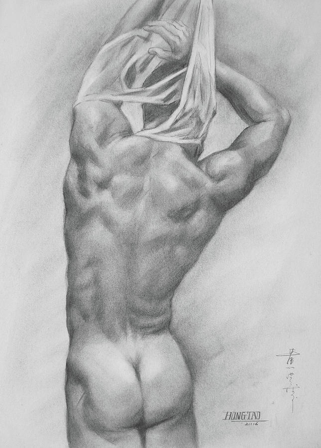 Original Charcoal Drawing Art Male Nude  On Paper #16-3-10-13 Drawing by Hongtao Huang