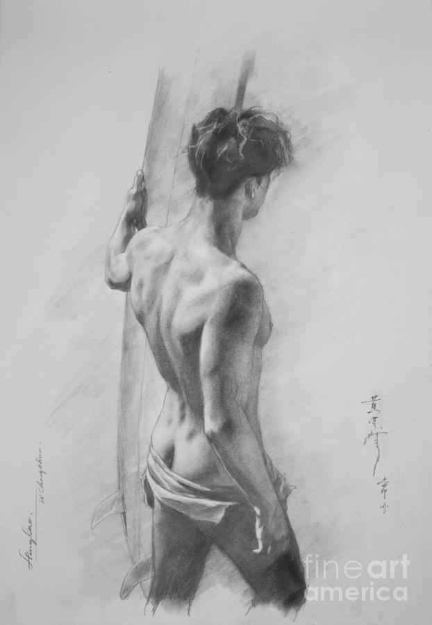 Original Charcoal Drawing Art Male Nude  On Paper #16-3-11-12 Drawing by Hongtao Huang