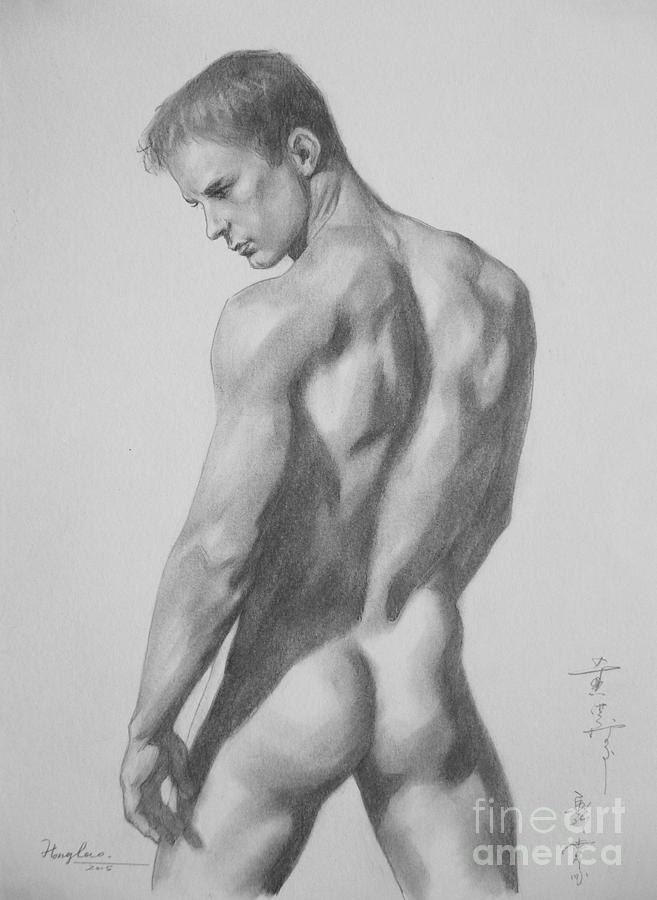 Original Charcoal Drawing Art Male Nude On Paper #16-3-11-20 Drawing by Hongtao Huang