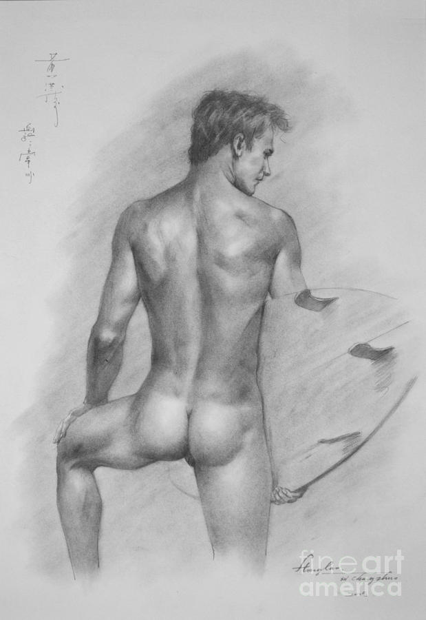 Original Charcoal Drawing Art Male Nude  On Paper #16-3-11-22 Drawing by Hongtao Huang