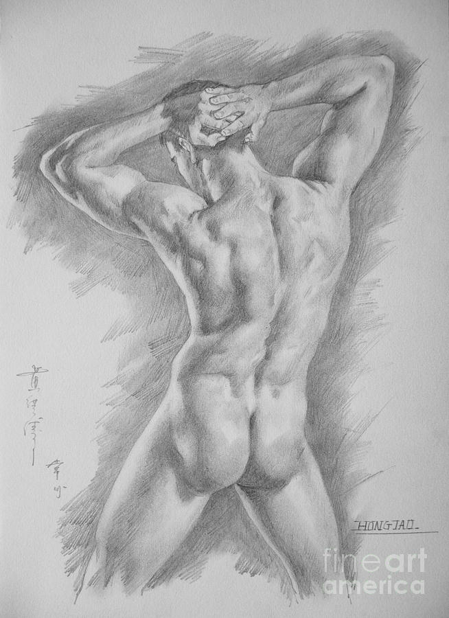 Charcoal Drawing - Original Charcoal Drawing Art Male Nude  On Paper #16-3-11-25 by Hongtao Huang