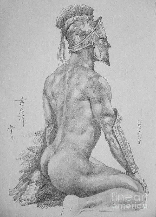 Original Charcoal Drawing Art Male Nude On Paper #16-3-11-26 Drawing by Hongtao Huang
